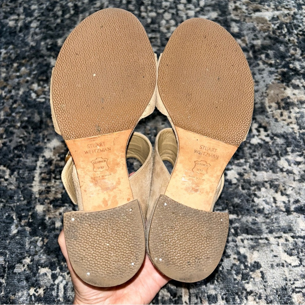 Stuart Weitzman Suede Block Heel Sandals Soho Tan - image 5